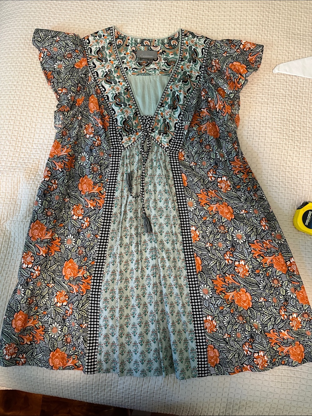 Anthropologie Green, Orange & Black Paisley Dress